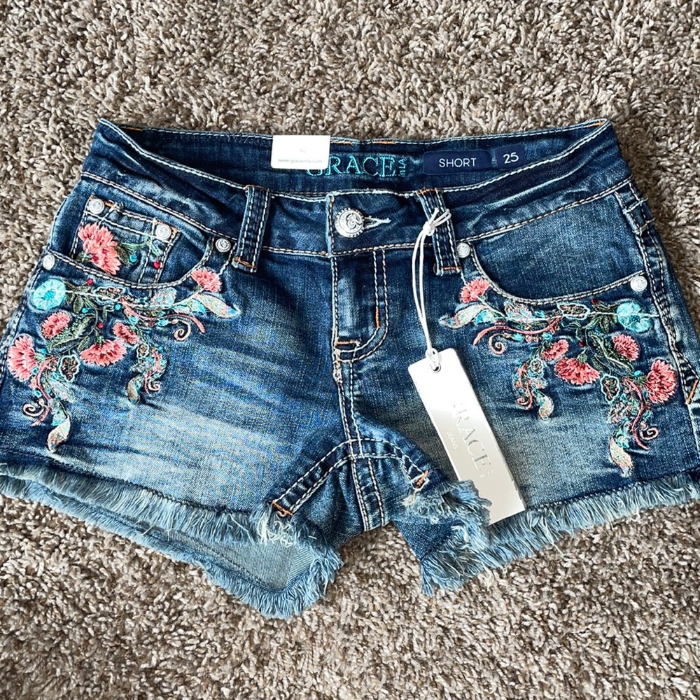 Grace in LA Floral Denim Shorts